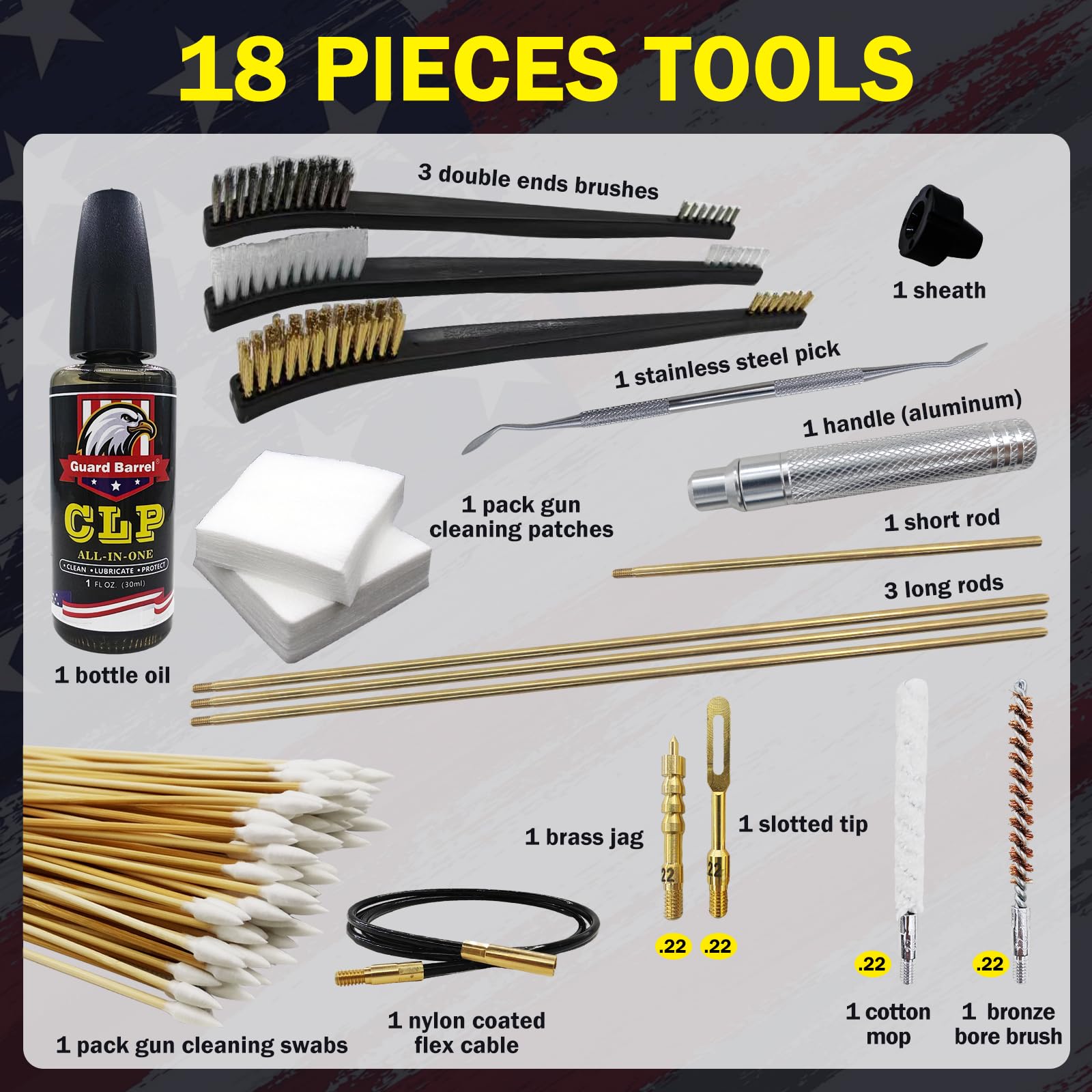 Gun Cleaning Kit for .22 .223Cal 5.56mm .22LR Rifle Pistol Cleaning Kit with 30ml Gun Cleaning Oil, Cleaning Swabs, Bronze Bore Brush and Brass Jag Adapter with Portable Case