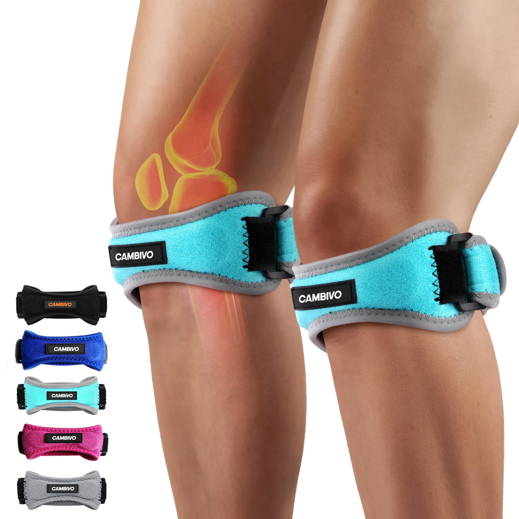 CAMBIVO Patella Tendon Knee Strap 2 Pack, Adjustable Knee Braces for Knee Pain, Knee Support Band for Running, Hiking, Volleyball, Jumpers Knee, Tennis, Tendonitis (Light Blue）