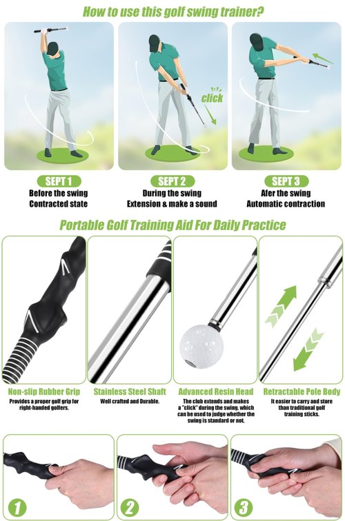 NISIGY Retractable Golf Swing Trainer, Golf Grip Trainer and Right-Handed Golf Training Aid for Chipping Hitting, Ideal Golf Swing Training Aid with Arm Band for Indoor & Outdoor Use