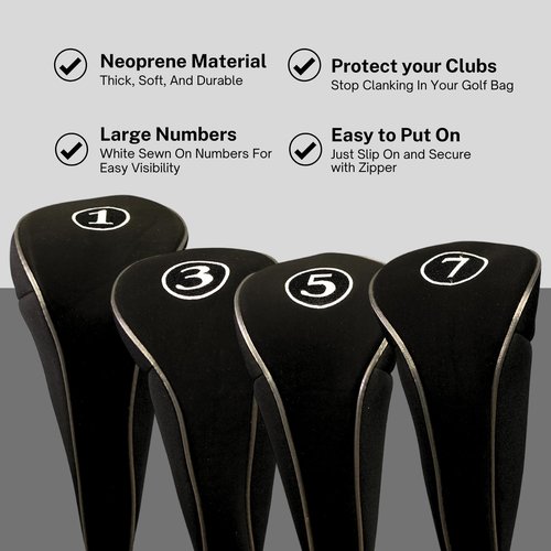 Black Golf Zipper Head Covers Driver 1 3 5 7 Fairway Woods Headcovers Metal Neoprene Traditional Plain Protective Covers Fits All Fairway Clubs and Drivers up to 460cc for Golfing Buddies