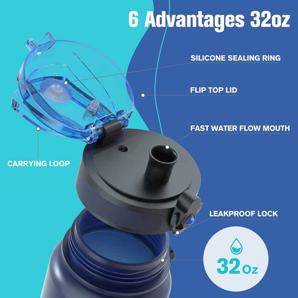 Sahara Sailor 32oz Water Bottle - Durable, Leakproof, BPA-Free Tritan with Time Marker & Easy Clean Brush