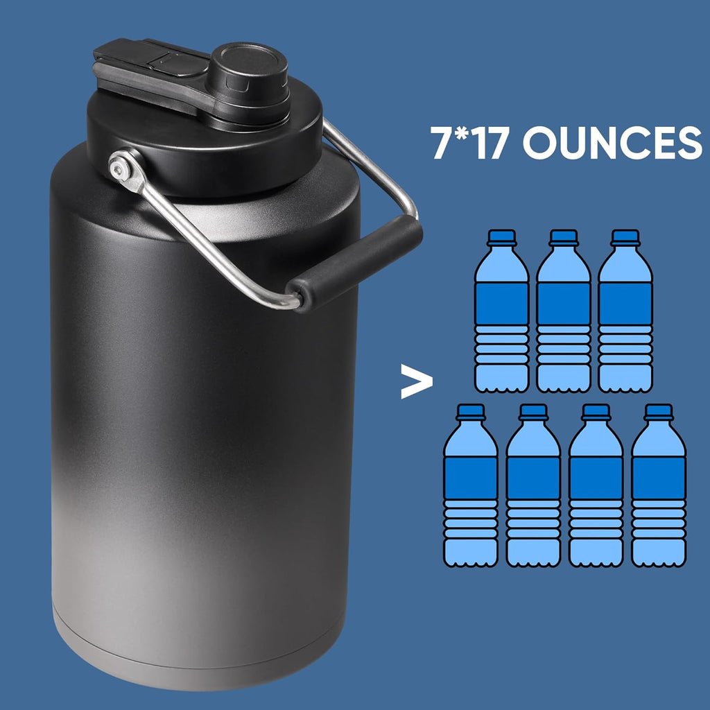 Skiennix Insulated Water Bottle - 128oz Vacuum Stainless Steel Jug with 2-in-1 Straw & Spout Lid - Leakproof, Keeps Drinks Cold for 24 Hours - Black & Grey
