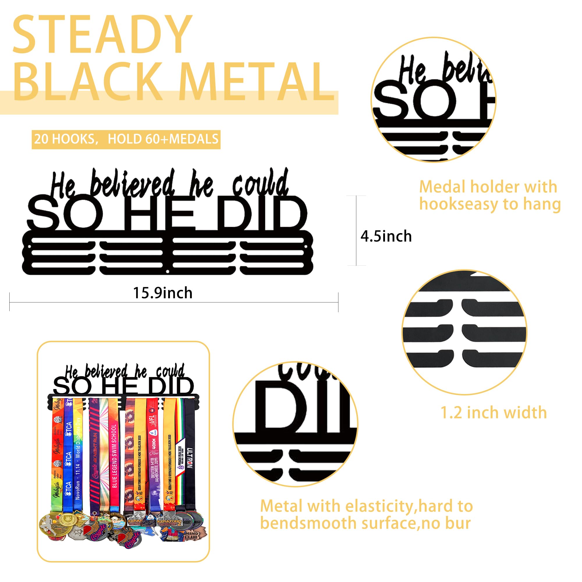 Goutoports Personalized Medal Hanger Display He Believed He Could So He Did | Holds 60+ Medals | Sturdy Black Steel Sports Medal Holder Rack for Men & Boys | Inspirational Gift for Athletes