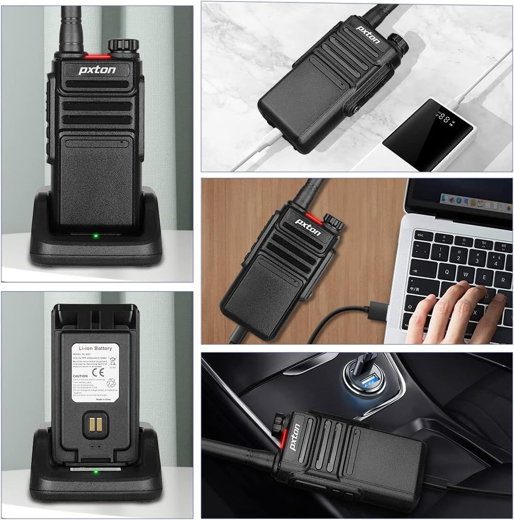 Pxton Waterproof Walkie Talkies - Long Range Two-Way Radios with Earpieces & Fast Charger Dock | 6 Pack