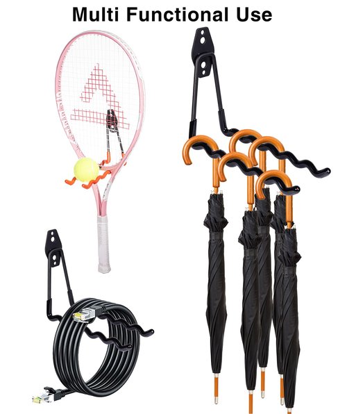 ZHMY Tennis Racket Storage Hanger,Tennis Racket Holder Rack Wall Hooks for Garage,Heavy Duty Hanger Metal Badminton Racket Holder Hooks for Cables, Ropes and Hoses,Extension Cord Holder,2 Packs(Black)