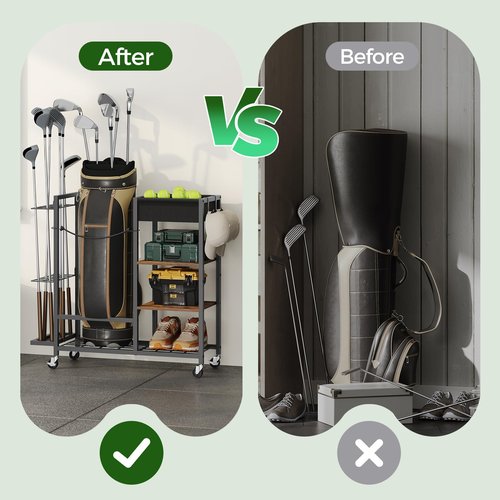 MAHANCRIS Golf Storage Organizer for Garage, Golf Bag Stand for Single Golf Bag and Equipment Accessories, Freestanding Golf Club Holder for Garage, Shed, Home, Basement, Rustic Brown BEHR17401