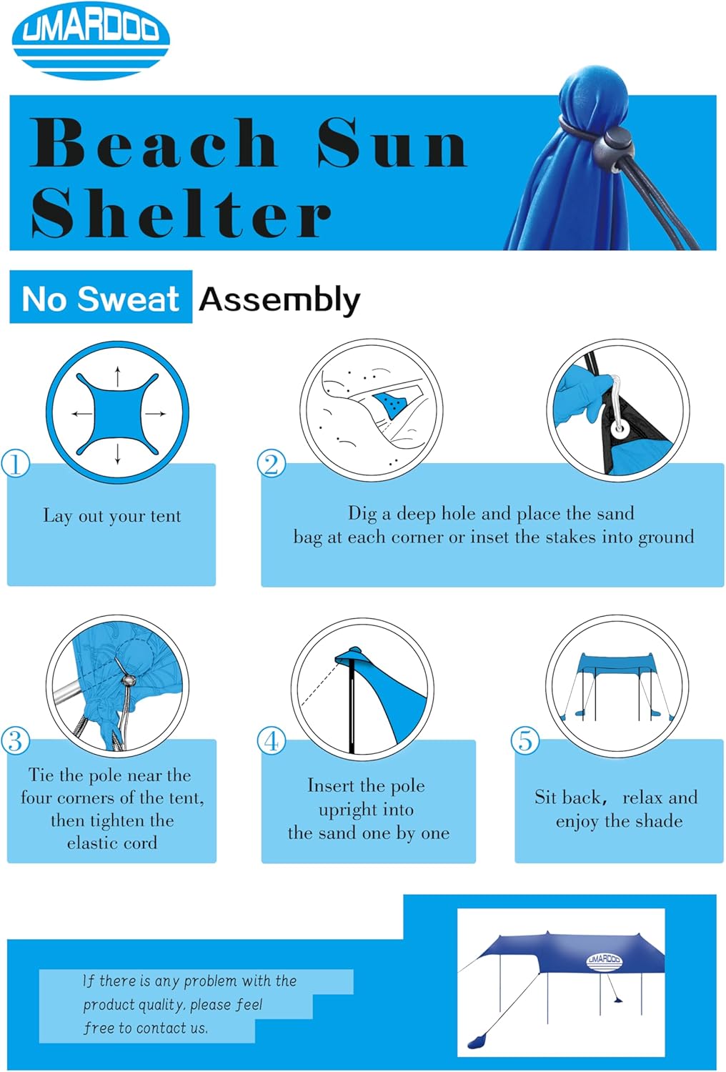 UMARDOO Beach Tent Canopy - Portable 10x10FT Sun Shade with UPF 50+ Protection | Easy Setup & Carry Bag (Blue)