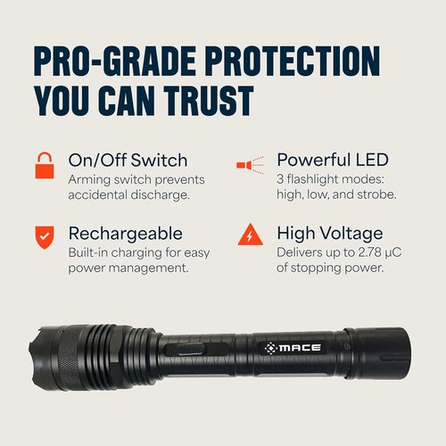 Mace Flashlight Stun Gun for Self Defense - Bright LED Rechargeable Flashlight, High Voltage, Self Defense for Women & Men - Black