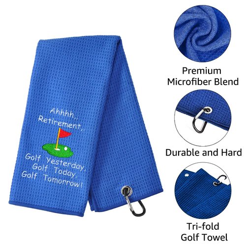 TOUNER Funny Golf Towel Gifts for Dad, Retirement Gifts for Men Golfer, Embroidered Microfiber Waffle Golf Towel with Clip (Blue, Gingham, 26x15 in)