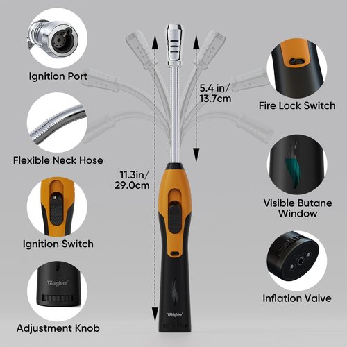 YZLighter Butane Lighter Torch Long Lighter Refillable Lighter Windproof with Visual Fuel Window Flexible Extra Long Torch Lighter for Fireplace Candles (No Butane Included) (Orange, 1 Pack)