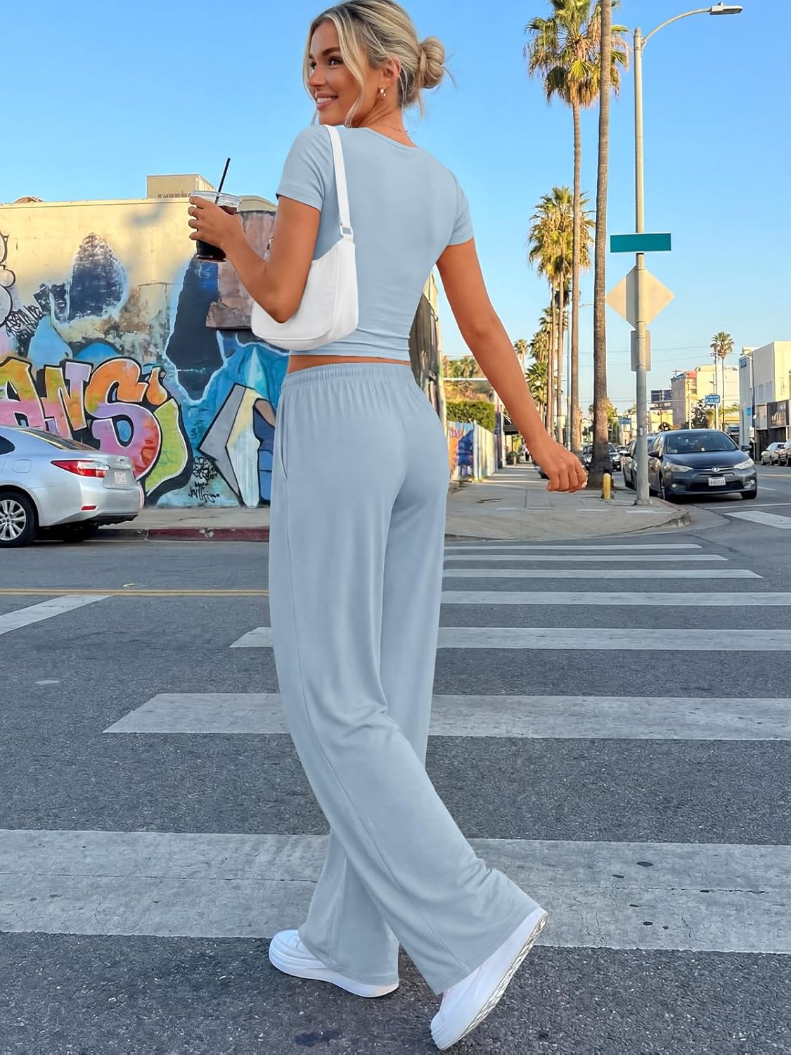 Trendy Queen 2 Piece Matching Summer Sweatsuit Lounge Set Womens Wide Leg Pants Side Ruching Crop Top Sets