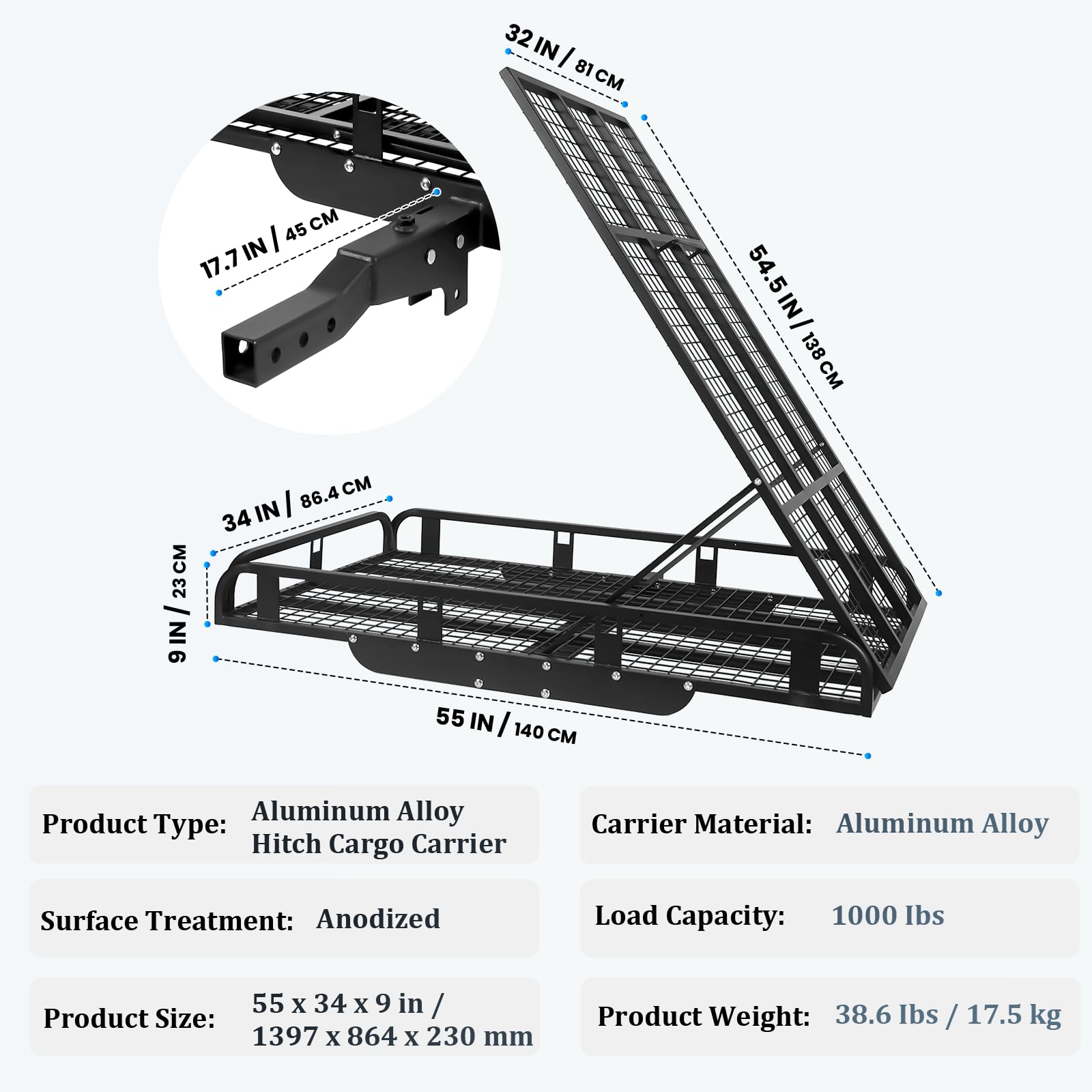 55"x34" Trailer Hitch Cargo Carrier, 1000LBS Hitch Cargo Carrier with Ramp, Folding Aluminum Alloy Mobility Scooter Carrier, Wheelchair Carrier for Car with 2" Receiver & Reflective Strips for Truck