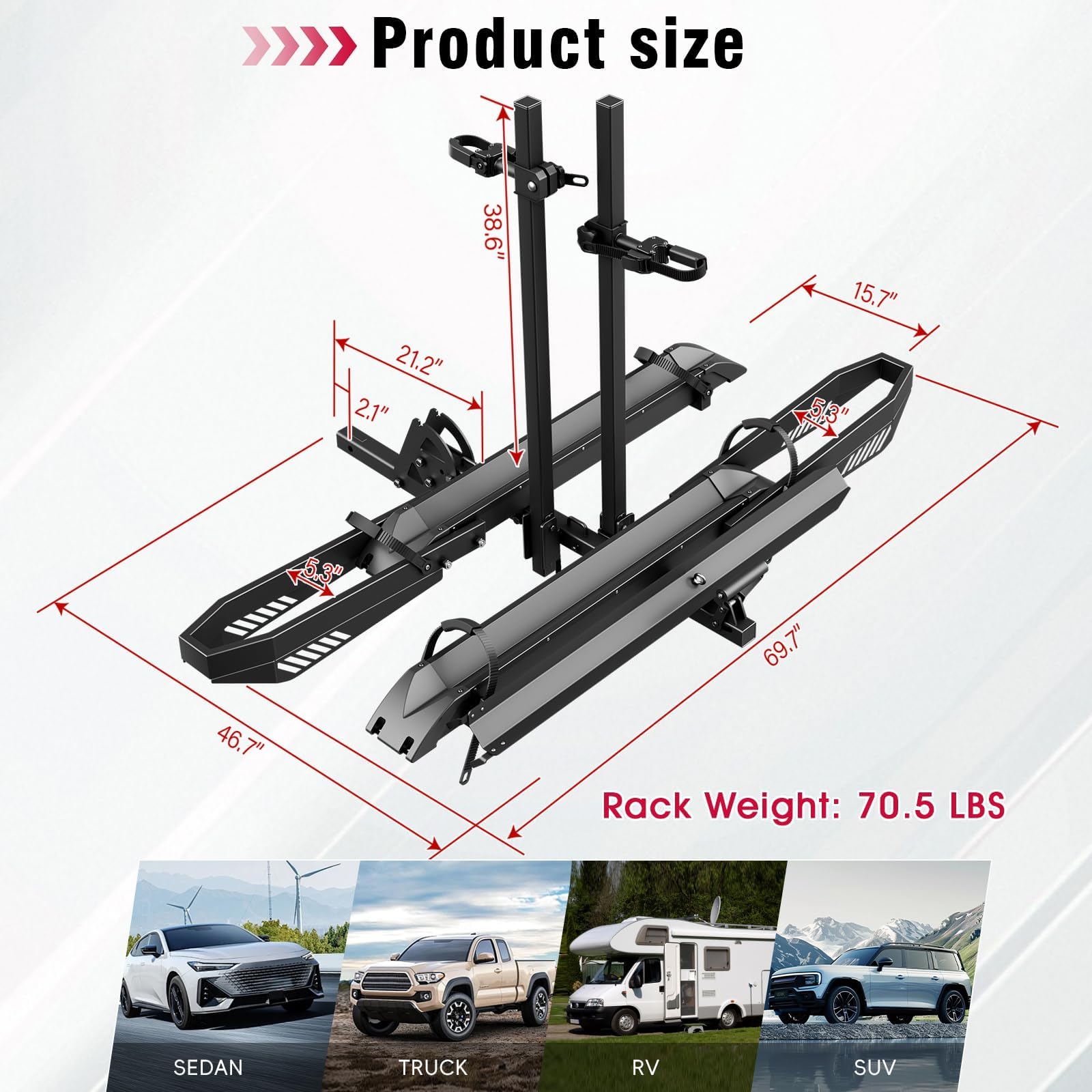 Tekmira Ebike Rack with Ramp, Foldable Bike Rack for Tow Hitch, Heavy Duty Bike Carrier for 2 Fat Tire Bikes with 300LBS Load Capacity - Fits SUV, Truck, Trailer, RV-Gray