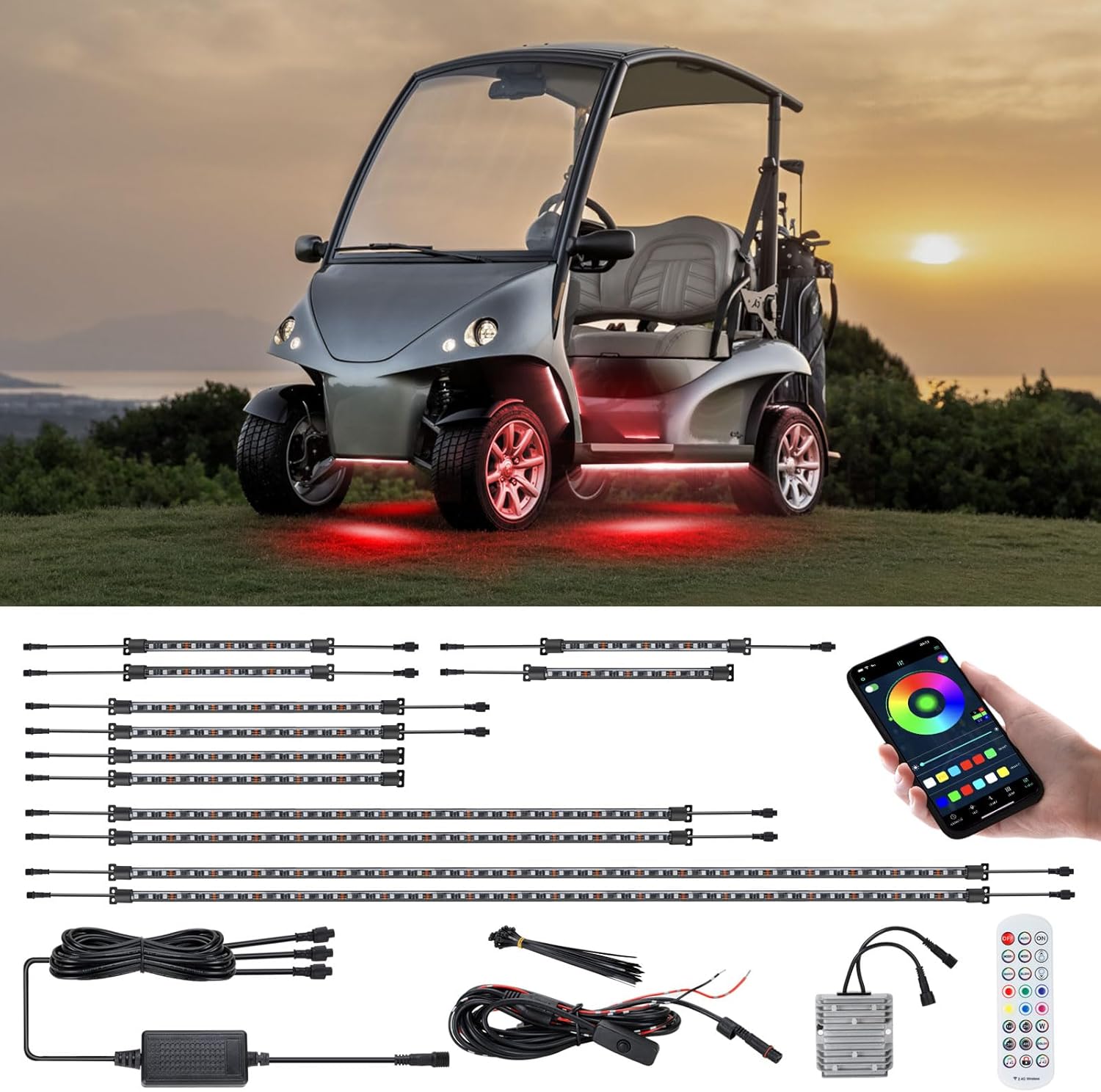 Roykaw Golf Cart LED Strip Lights - Waterproof Neon Accent Kit with Wheel Well & Interior Lights | Million Colors, Sync to Music, Fits 12V-80V, 12 PCS