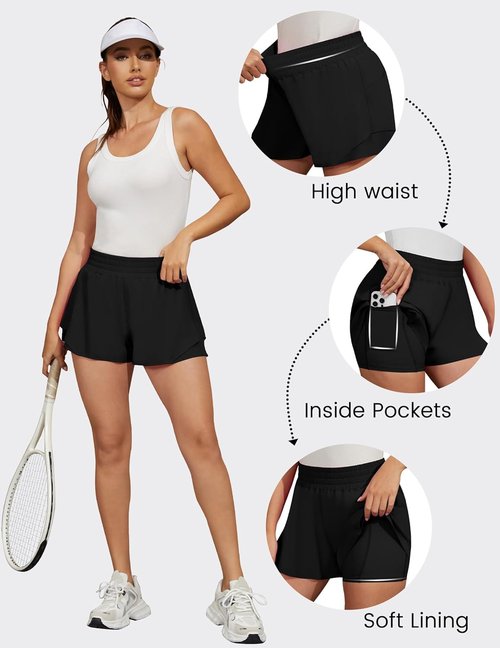 FireSwan Women's 2-in-1 Running Shorts - High Waisted, Quick Dry, Flowy Athletic Design with Pockets