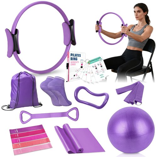 COARVXA Pilates Kit for Women Pilates Equipment Ring and Ball Set Magic Circle Hoop with 5 Resistance Bands Chair Yoga Workouts Starter Set Accessories with 58 Exercise Cards (Purple)