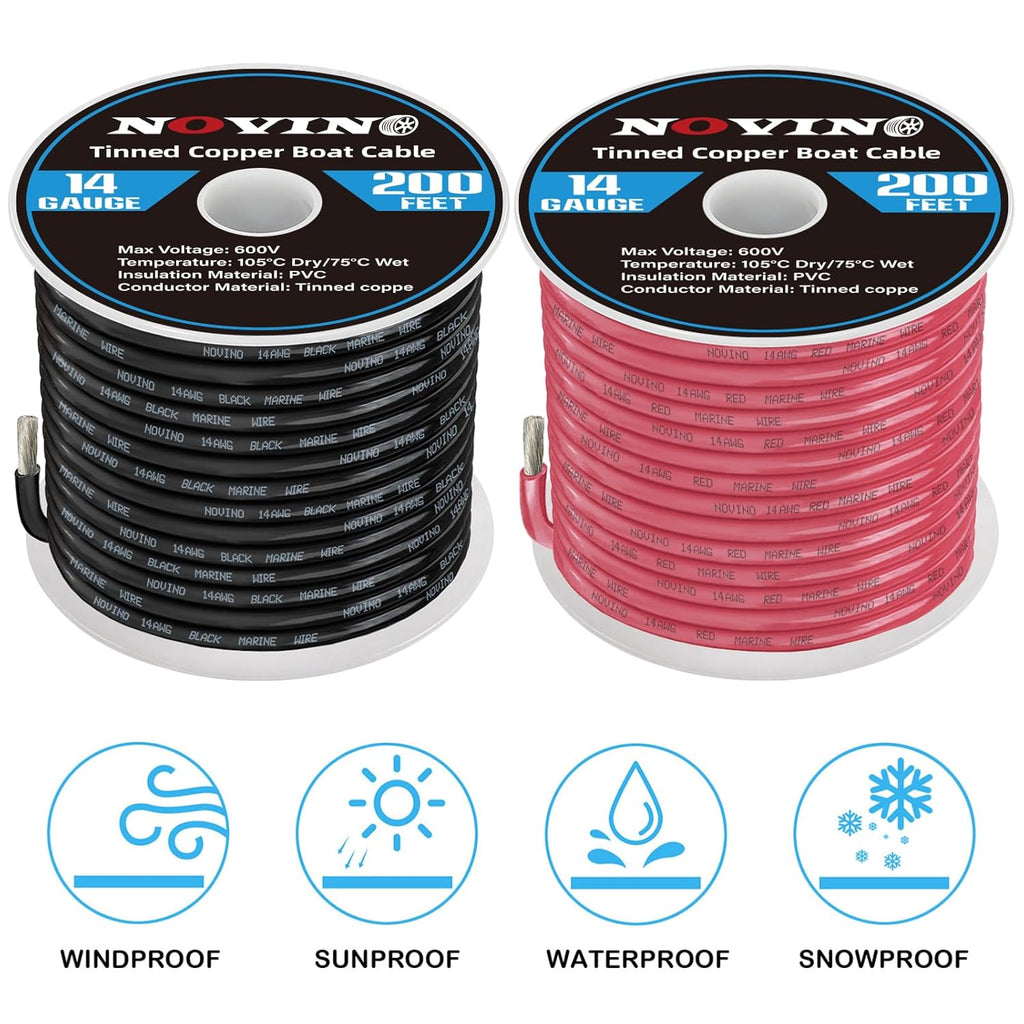 14 AWG Marine Grade Wire - 200FT Red & 200FT Black Tinned Copper Cable for Boats & RVs