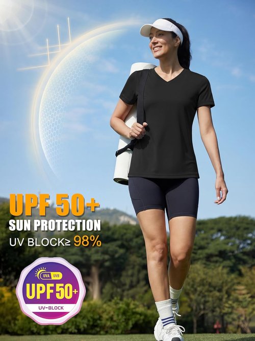 MAGCOMSEN Women's Athletic V-Neck T-Shirt - Quick Dry, UPF 50+ Moisture-Wicking Gym Top