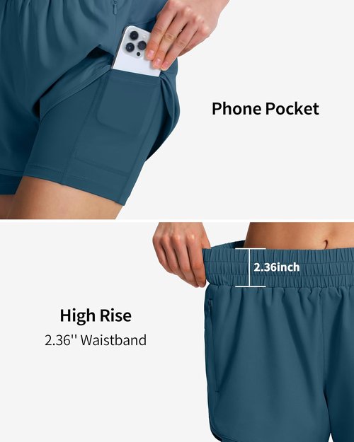Ksmien Women's 2-in-1 Running Shorts - Quick Dry Athletic Gym Shorts with Liner & Phone Pockets