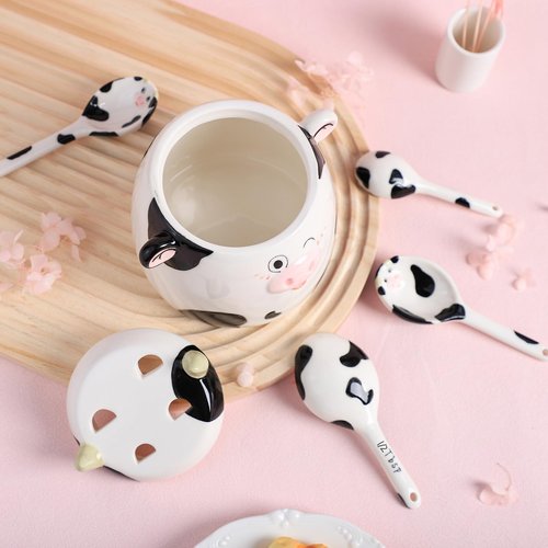 Bicuzat Ceramic Cow Pattern Measuring Spoons Set for Dry or Liquid with Measuring Cup Set, 4 PCS Kitchen Measuring Baking Spoons Cooking Measuring Spoons for Kitchen Baking Tool Utensil Set
