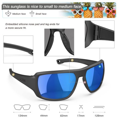 Konlley Polarized Wrap Around Sport Sunglasses for Men and Women Small Face, Wraparound Safety Sunglasses UV Protection for Shooting, Fishing, Running (Matte Black Frame/Blue Mirrored Lens)