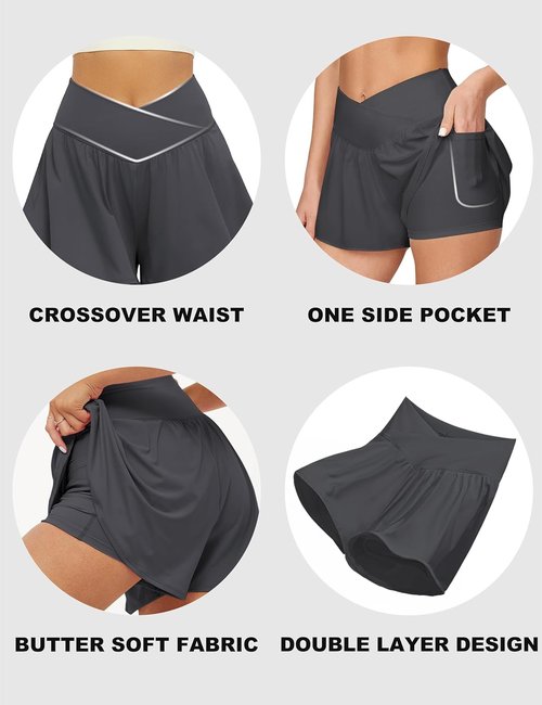 FireSwan Athletic Shorts for Women - 2-in-1 Flowy Running Shorts with Pockets | Butterfly Design