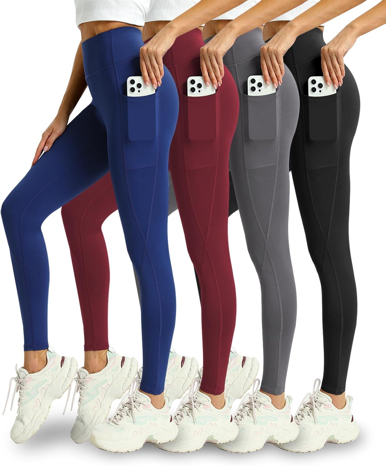 Skiennix Leggings for Women - High Waisted Tummy Control with Pockets | 4 Pack Yoga Pants