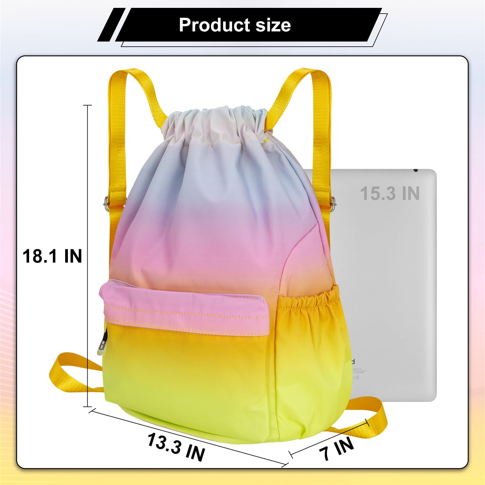 HOLYLUCK Drawstring Backpack Sports Gym Bag Water Resistant String Bag Cinch Sackpack with Side Zipper Pocket for Shopping Sport Yoga - Rainbow gradient