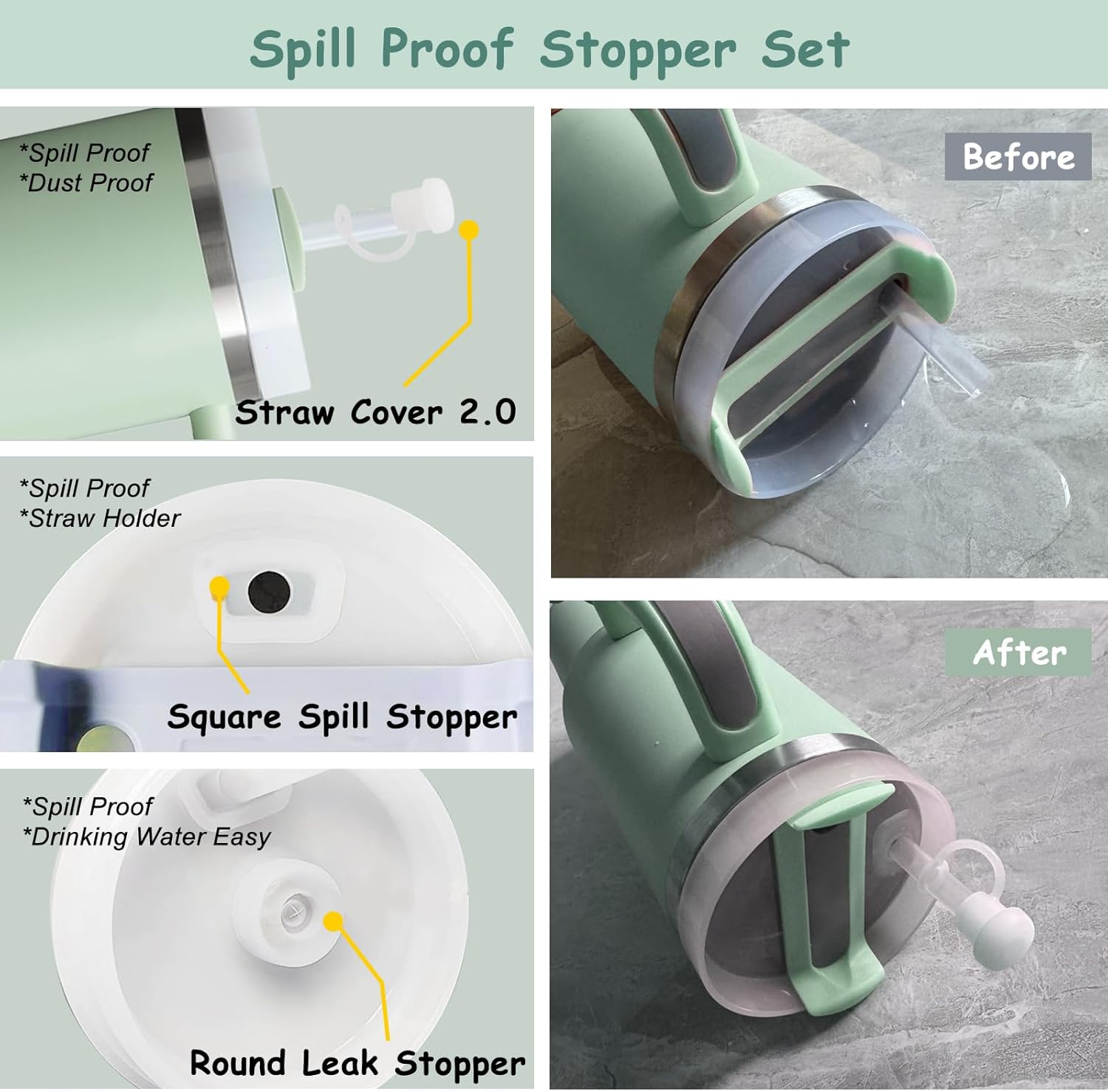 Stanley Cup Accessories Set - 3-Piece Silicone Spill-Proof Stopper & Cute Flowers Handle Charm | Matcha Cream