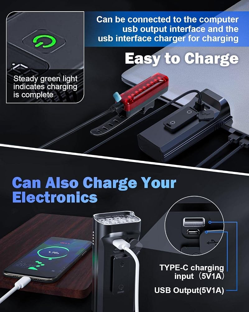 Victoper 8-LED Front & Rear Bike Light Set - 6+4 Modes, USB Rechargeable, IPX5 Waterproof (Black+8 LED)