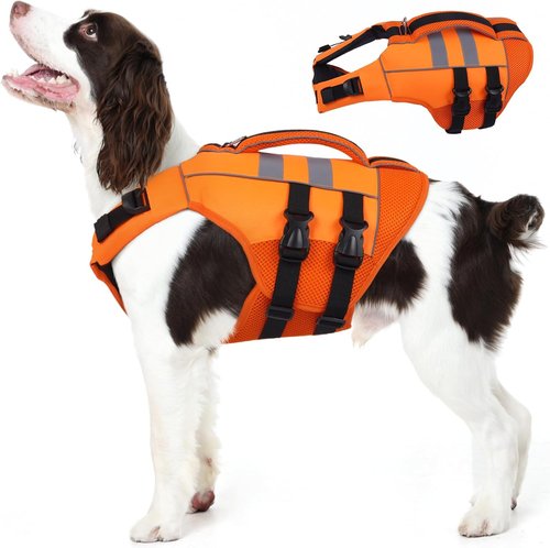 Kuoser Dog Life Jacket - Large High Flotation Safety Vest for Swimming & Boating | Reflective Orange