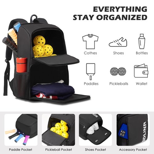 SDLINR Pickleball Bag Fits 4 to 10 Paddles, Large Pickleball Backpack with Shoe Compartment and Fence Hook, Pickle ball Gifts for Men Women (Black)