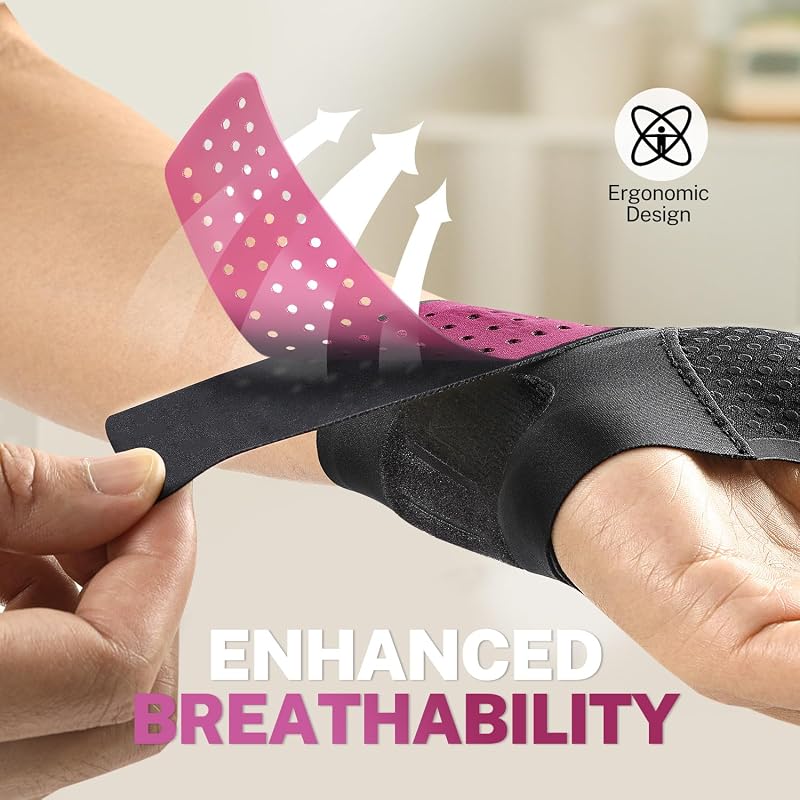 Ultra Thin Carpal Tunnel Wrist Brace with Soft Thumb Design Rose S/M — Adjustable Compression for Night & Day