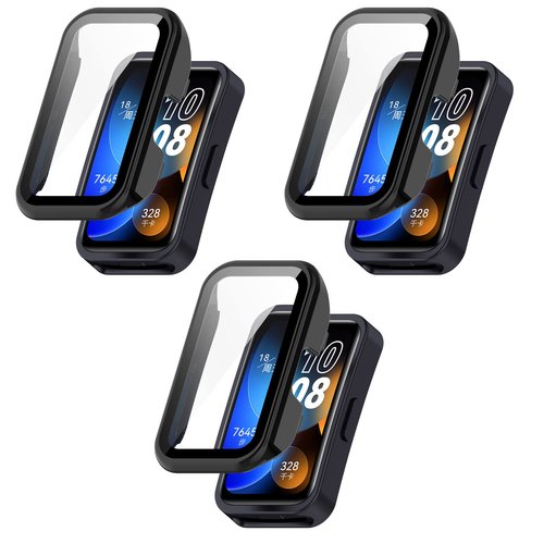 FitTurn Compatible with Huawei Band 10/10 NFC/9/9NFC/8/8NFC Screen Protector Cases Replacement PC Slim Case Cover 3D Full Coverage Tempered Glass Screen Protector for Huawei Band 10 Fitness Tracker Watch (Black*3)