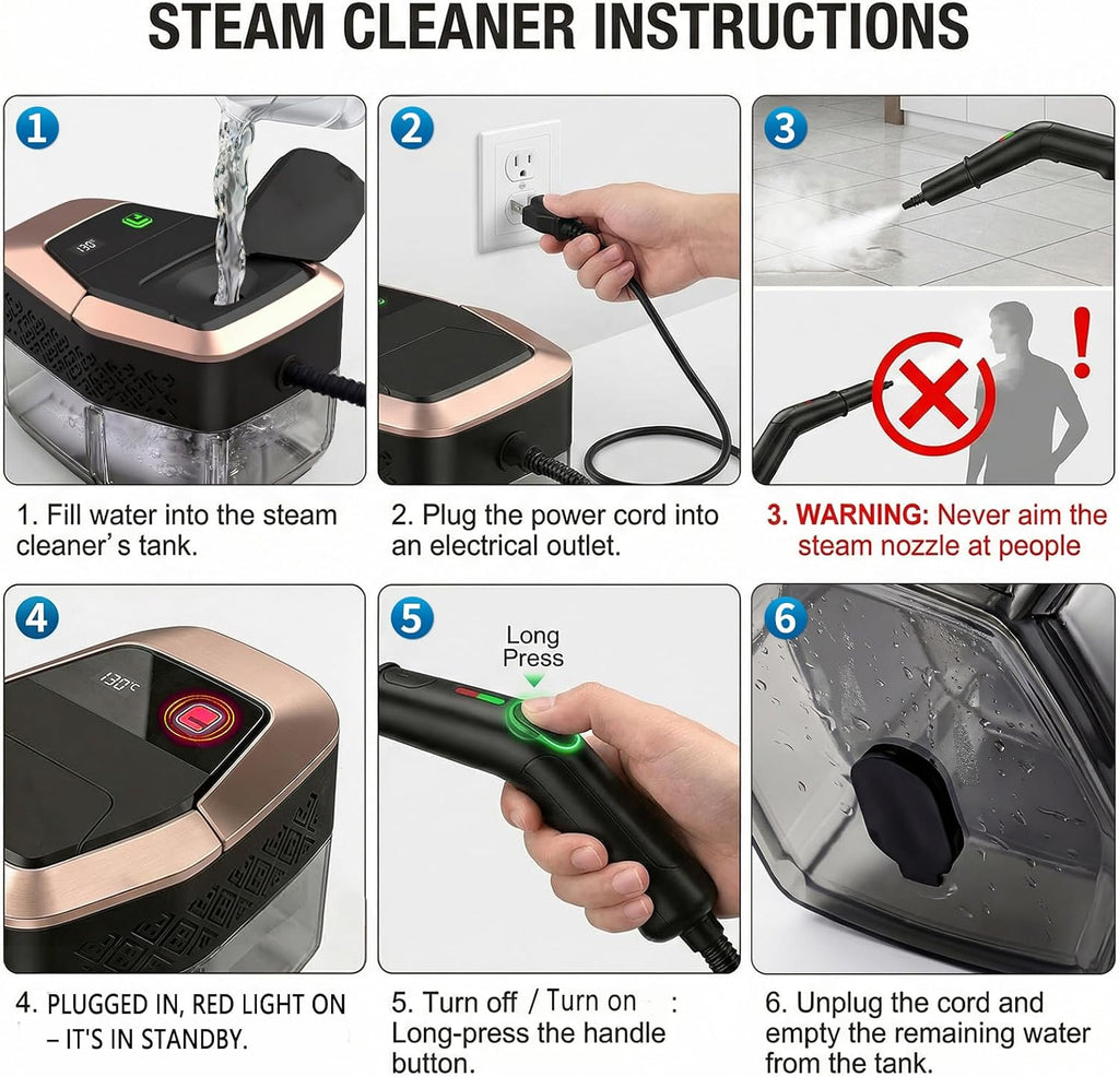 Skiennix Steam Cleaner - 3 Level Adjustable Pressurized Handheld Steamer | 10s Heat-Up, 1.9 Qt Tank for Home & Car Cleaning
