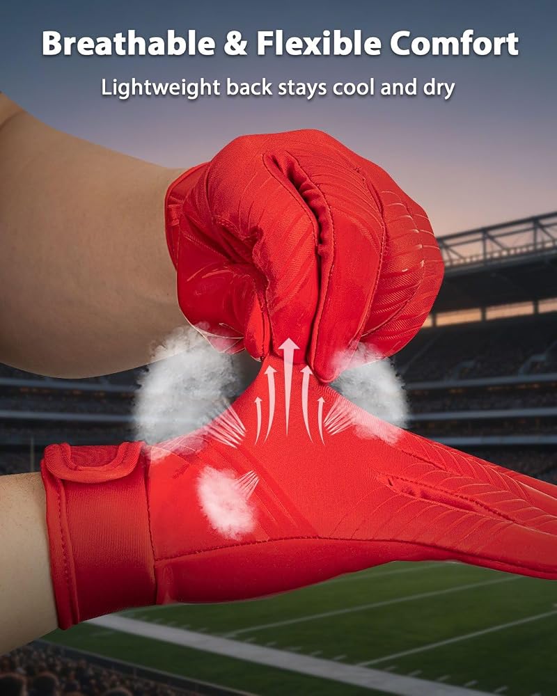 RIGWARL Football Gloves RED+Adult-L, Super Sticky Receiver Gloves for Men, Youth & Kids