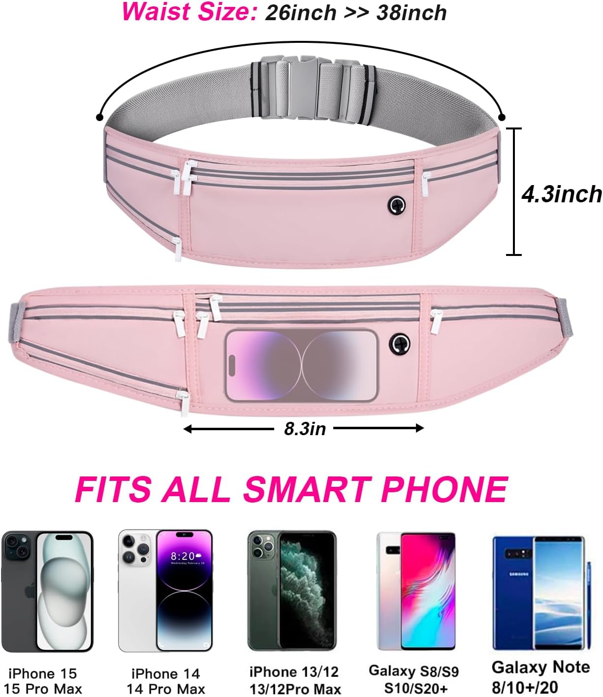 Skiennix Slim Running Belt - Lightweight Fanny Pack with 3 Pockets for Phones & Essentials | Jet Pink