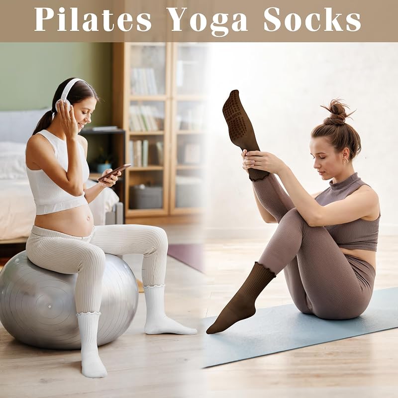 6 Pairs Womens Pilates Socks with Grips, Ruffle Non Slip Grip Socks - Black Dark Grey Light Grey Khaki Dark Brown White