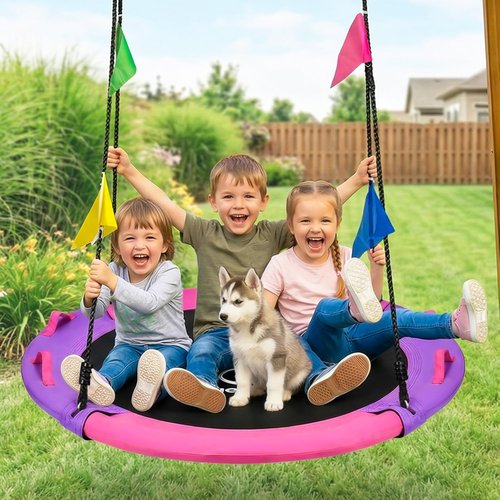 HeyZoo 43-Inch Saucer Swing - 900lbs Capacity with 360° Swivel & Adjustable Strap | Pink & Purple