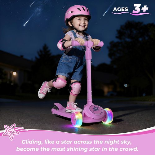 Nattork Kids Scooter - Light Up Wheels, Adjustable Height Handlebars & Anti-Slip Deck | Ages 3-8, Supports Up to 110 LBS