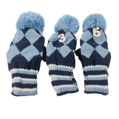 HIFROM 3pcs/Set Golf Club Argyle Knit Head Covers Headcovers Vintange Pom Pom Sock Covers 1-3-5 Compatible with Driver & Woods Blue & Dark Blue