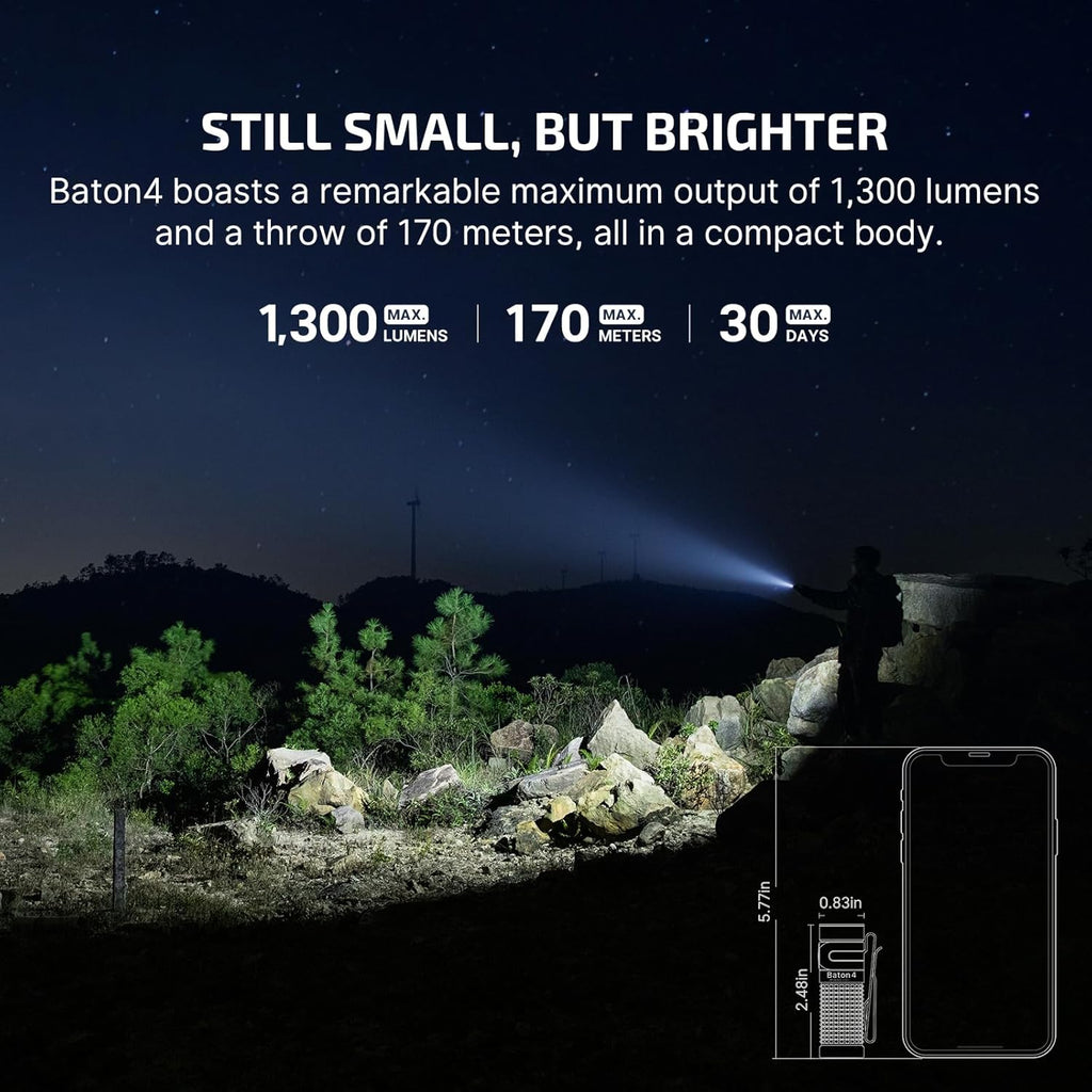 OLIGHT Baton4 Rechargeable EDC Flashlight - 1300 Lumens, IPX8 Waterproof, Multiple Modes | Compact Orange Design for Home & Camping