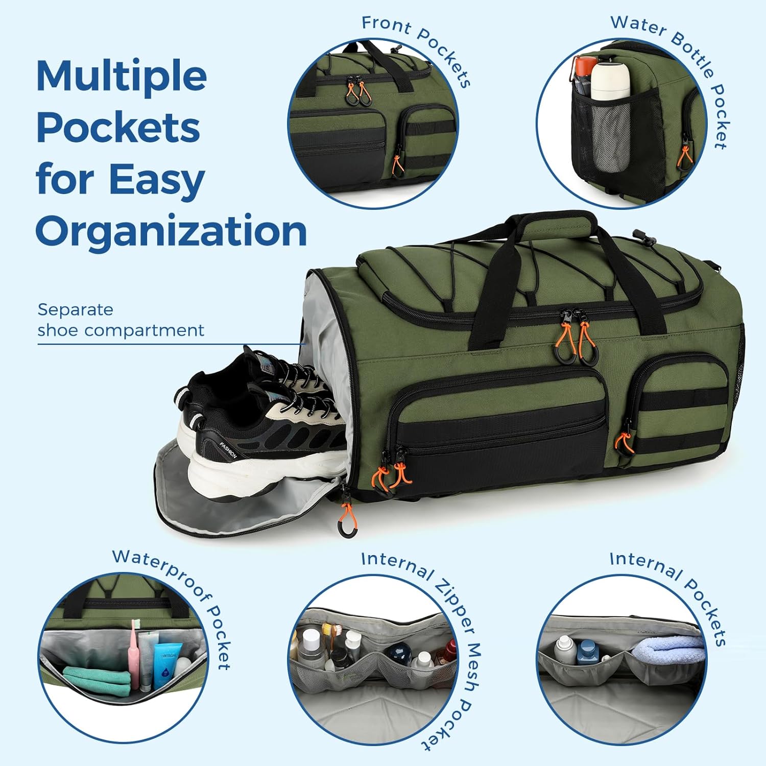 Searock 45L Gym Bag - Versatile 3-In-1 Duffle Backpack for Travel & Sports | Green with Shoe Compartment & Wet Pocket