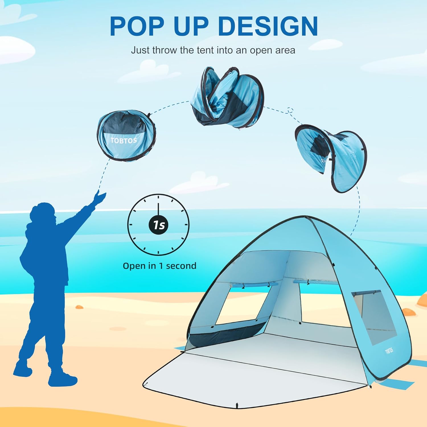 TOBTOS UPF 50+ Beach Tent - Easy Setup Sun Shelter for 2-3 People | Portable UV Protection Canopy with Carry Bag