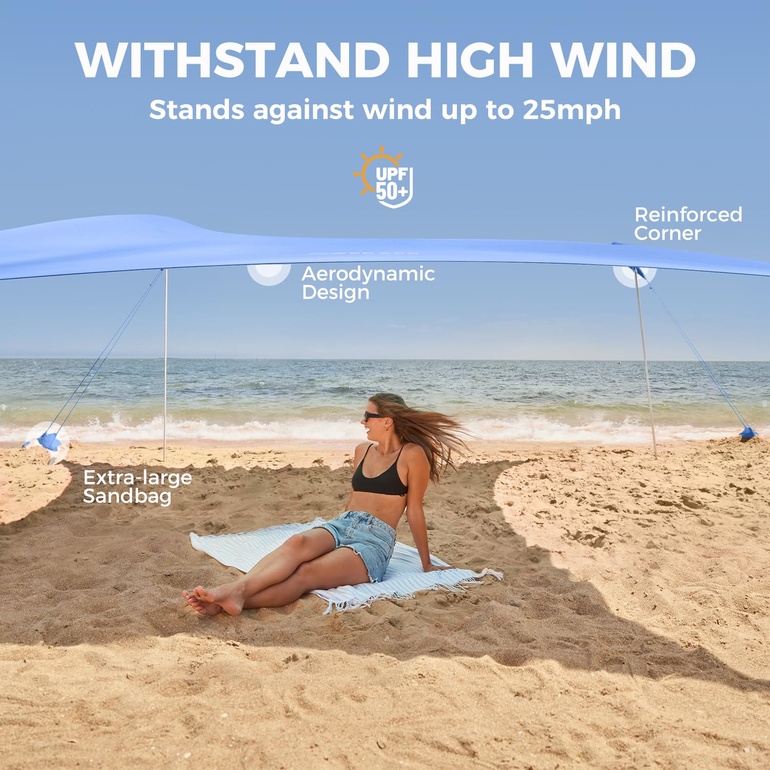 WEKAPO Beach Tent Sun Shelter - Easy Setup Beach Canopy with 4 Sturdy Poles, Large Sandbags and Shovel, 6'7'' Tall, Windproof Sun Shade for Backyard and Camping, UPF 50+ Protection