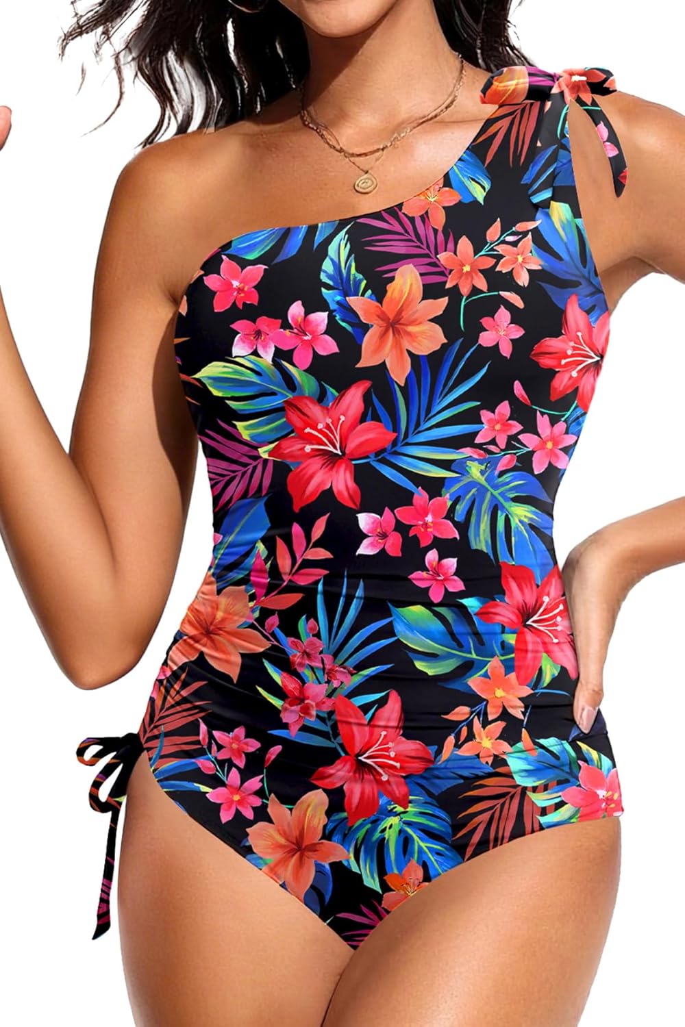 Skiennix One Shoulder One Piece Swimsuit - Tummy Control Ruched Bathing Suit | Full Coverage, Side Tie