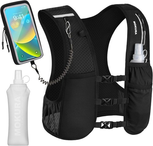 MOKURA Lightweight Hydration Running Vest - 500ML Soft Flask & Phone Holder - Adjustable & Reflective