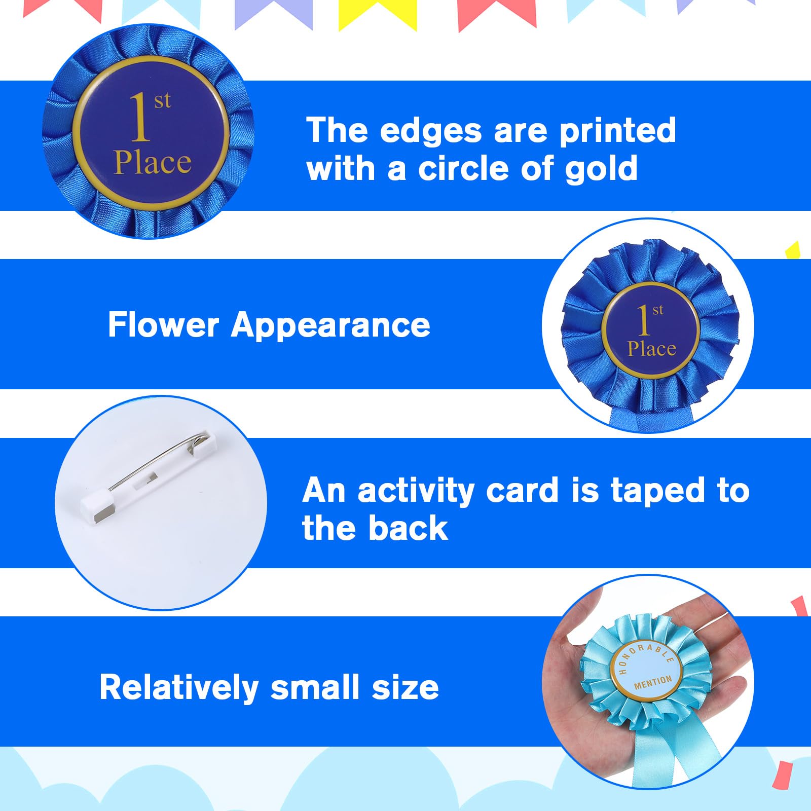 4 PCS Award Ribbon Rosette Set, Grand Prize Ribbon Winner Victory Ribbons, Satin Participation Ribbons 1st 2nd 3rd Place Honorable Mention Prize Badge Medals Deluxe Recognition-Ribbon for Classroom