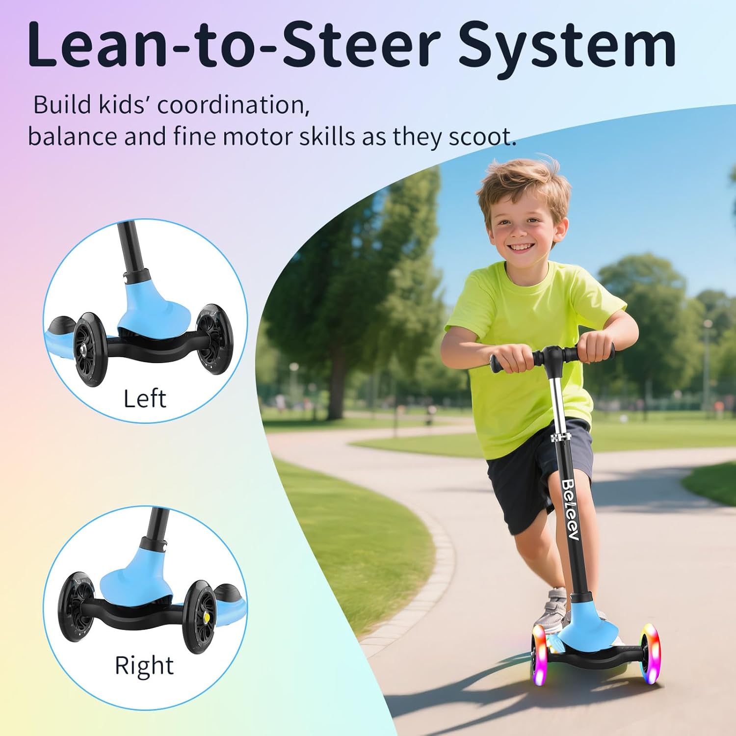 BELEEV A6 Kids Scooter - LED Light-Up Wheels & Deck | Adjustable 3-Wheel Kick Scooter for Ages 3-8