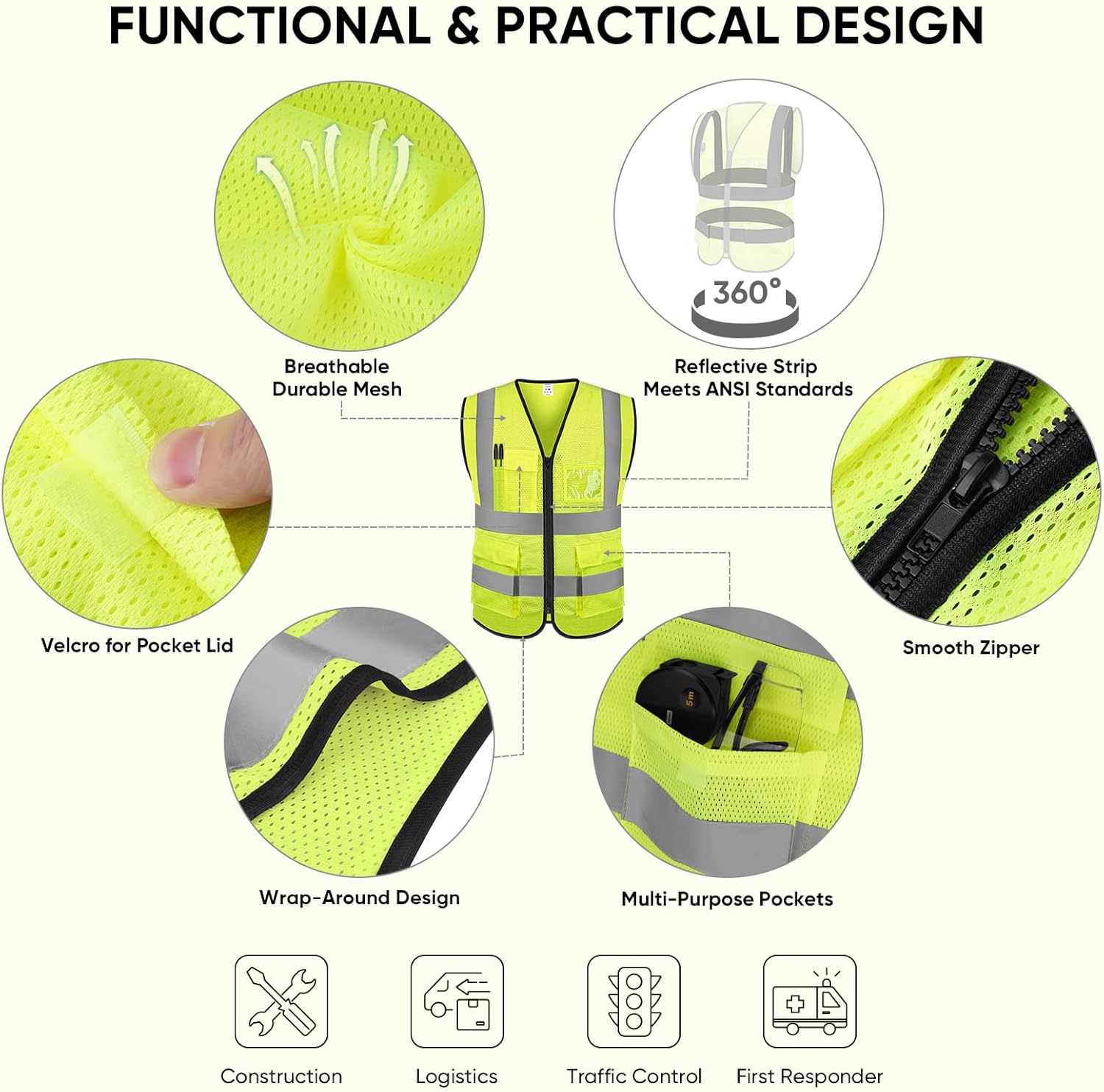 TICONN High Visibility Reflective Safety Vest - Class II Mesh for Men & Women | ANSI Compliant